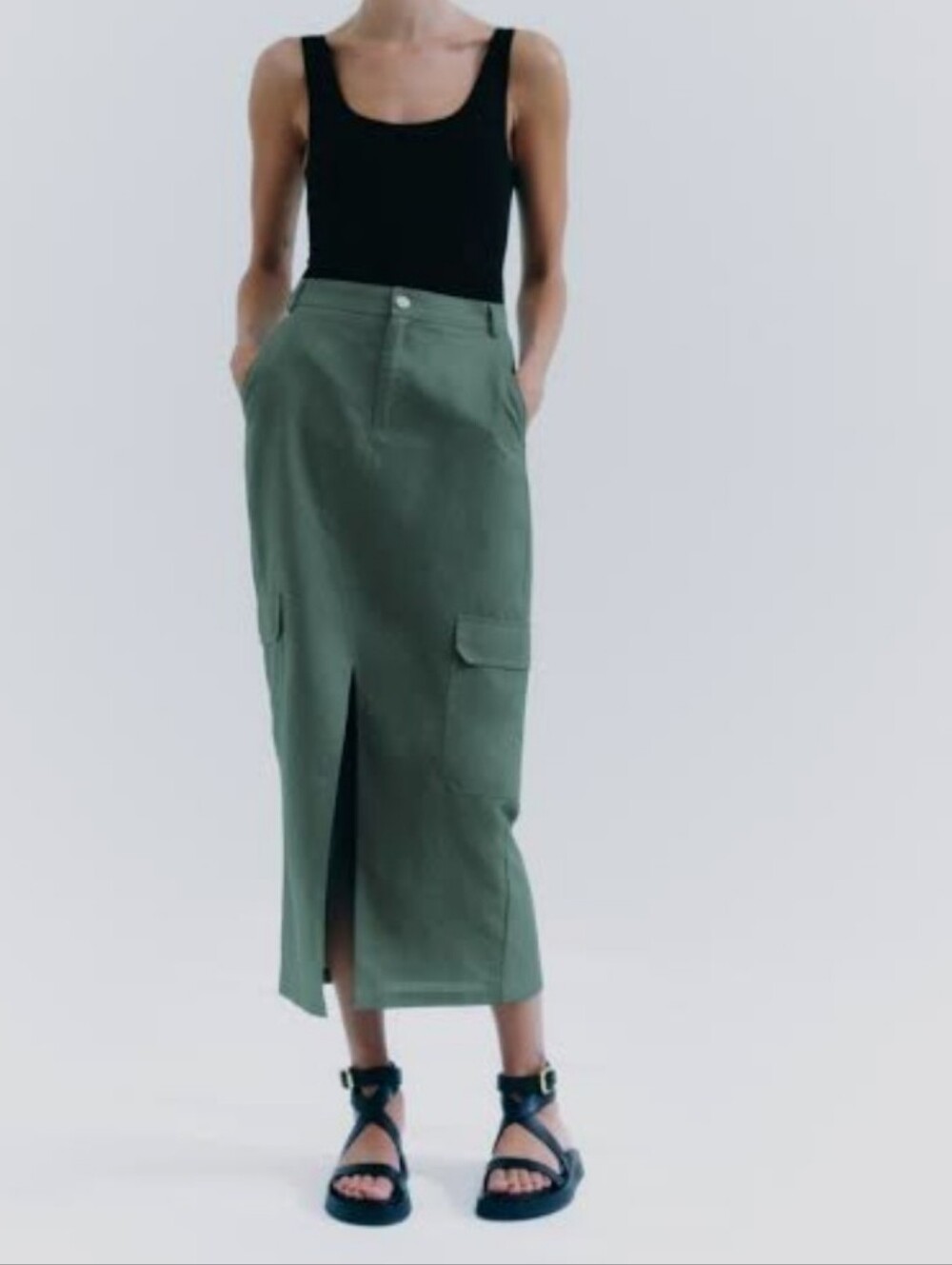 ZARA Linen Cotyon Blend Cargo Midi Skirt Khaki Olive Green Sz.L
